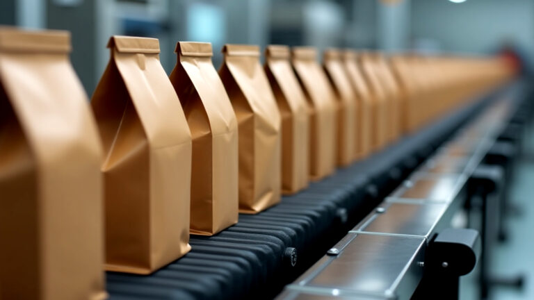 Row of sustainable packaging on a production line, demonstrating how to reduce the carbon footprint of plastic packaging.