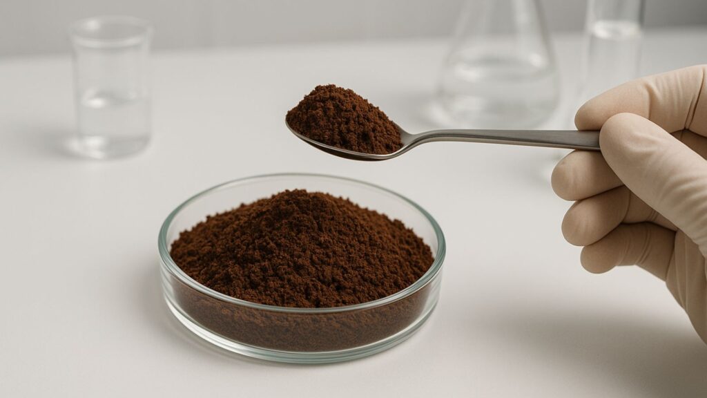 Upcycled coffee grounds being tested in a lab as feedstock for carbon-negative bioplastics