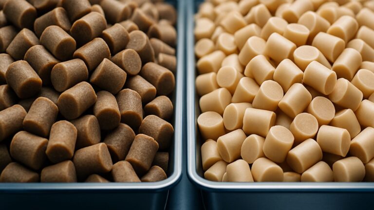 A split-screen image comparing a pile of dark masterbatch additive pellets on the left and biocomposite pellets on the right.