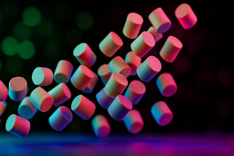 Gros plan sur des granulés biocomposites innovants utilisés dans les matériaux à bilan carbone négatif, symbolisant la fabrication durable et la décarbonation industrielle.