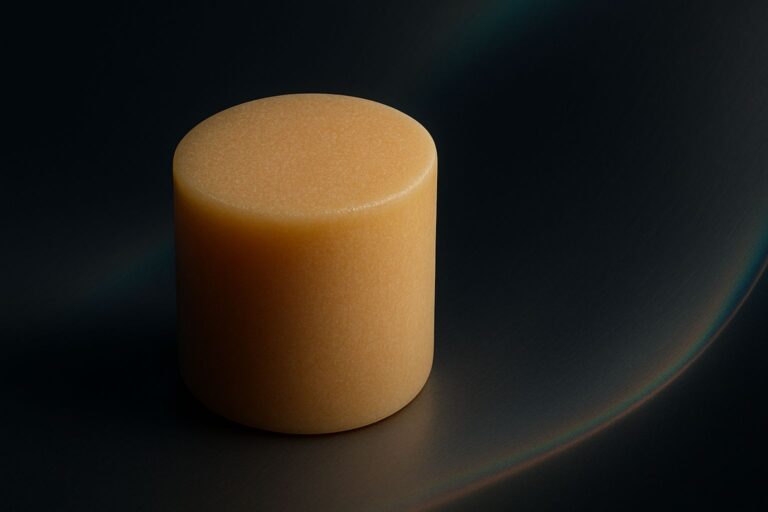 A solid billet of high-performance, plastic-free biocomposite material on a dark industrial surface, symbolizing the future of sustainable manufacturing on the roadmap.