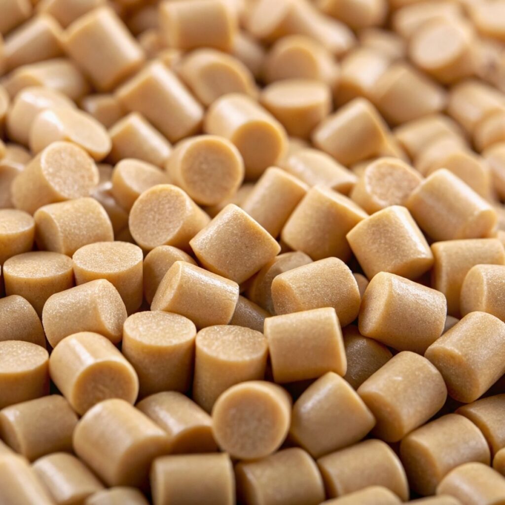 Gros plan sur des granulés de biocomposite haute performance à bilan carbone négatif, un matériau intégral conçu pour remplacer le plastique traditionnel.