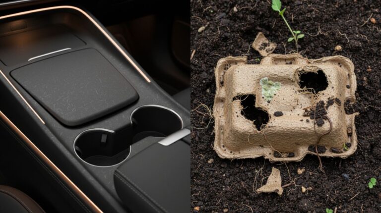 Side-by-side comparison of carbon-negative materials: a biocomposite automotive console on the left, and a compostable molded fiber tray breaking down in soil on the right.