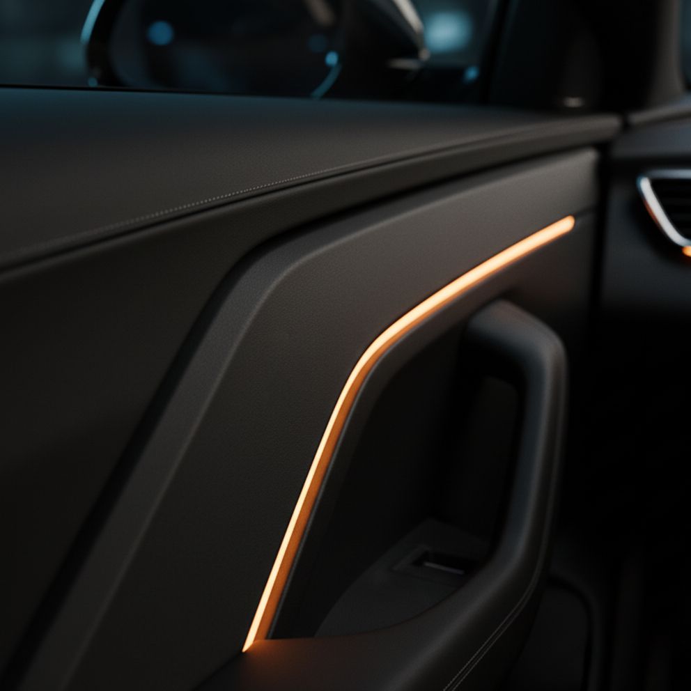 An example of industrial plastic decarbonization: an automotive interior panel with ambient lighting, showcasing the application of high-performance biocomposites designed for decarbonized industrial use.