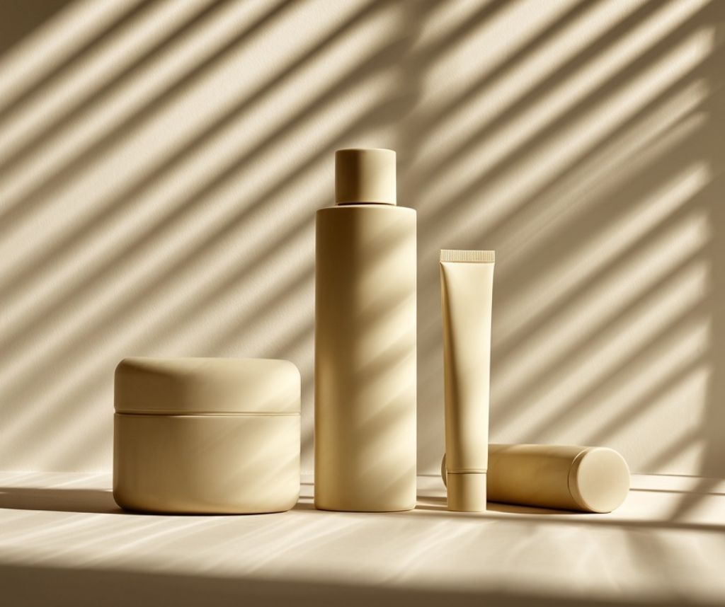 Exemples de pots, tubes et flacons cosmétiques éco-responsables fabriqués en biocomposite beige mat, une alternative durable au plastique.