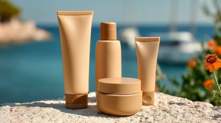 A collection of beautifully designed, sustainable cosmetics packaging, including jars and lids, made from carbon-negative Biomera biocomposite materials.