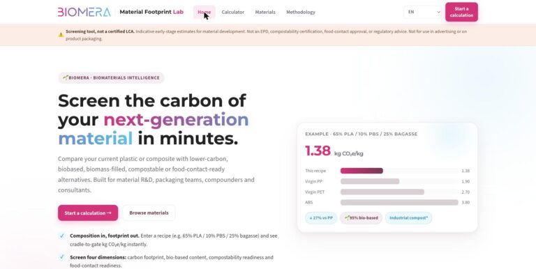 Biomera carbon footprint calculator for materials, screen plastics and biocomposites