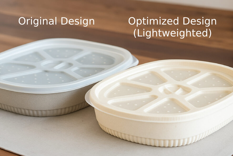 Comparaison d’allègement d’emballage montrant comment l’optimisation du design réduit l’empreinte carbone des emballages plastiques