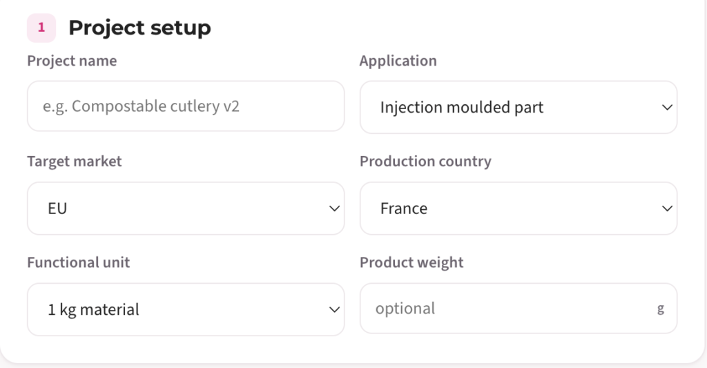 Expert mode project setup: application, target market and production-country grid